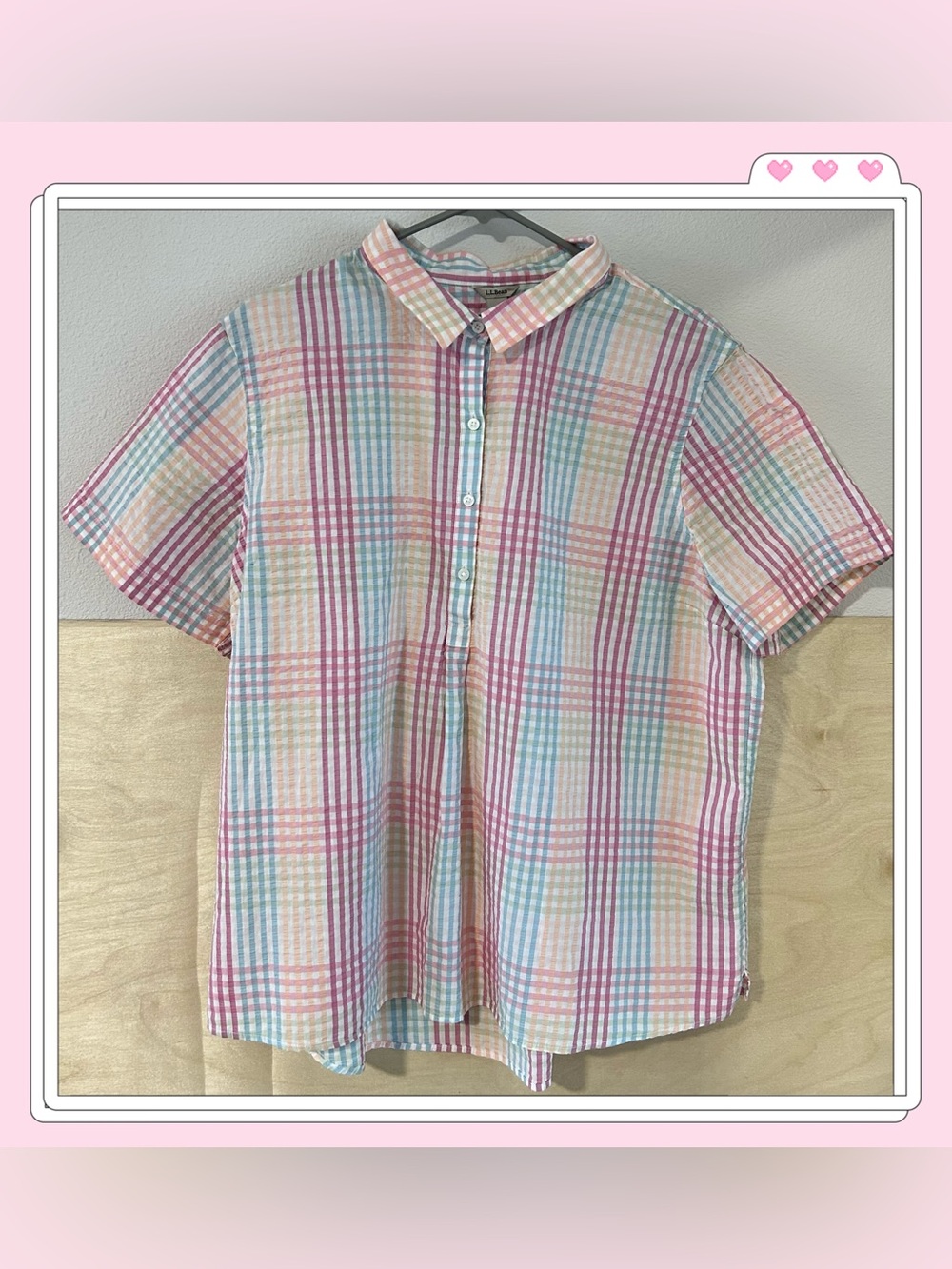 L.L.Bean 100% Cotton Vacationland Seersucker Gingham Popover Shirt Plus Sz 1X